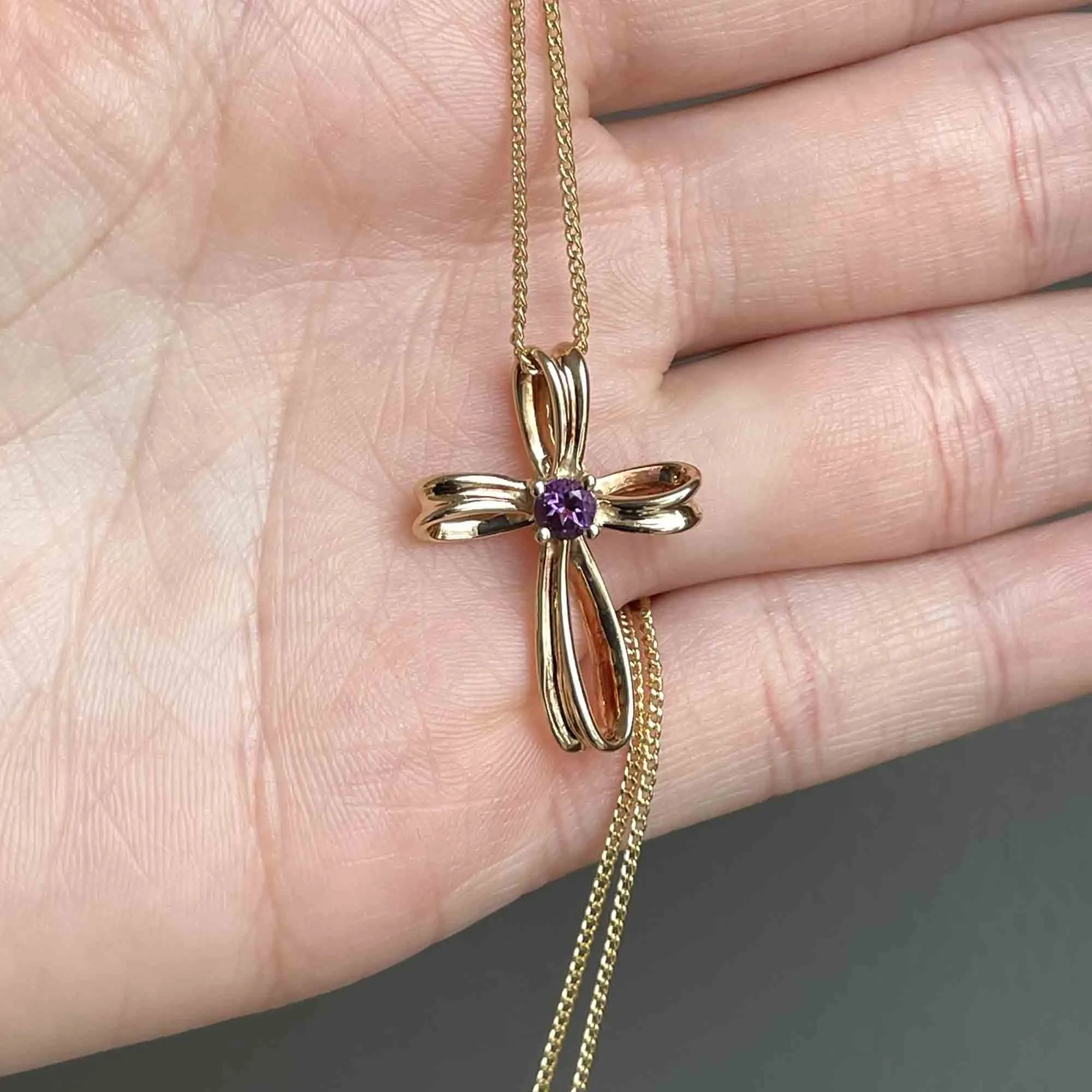 14K Gold Amethyst Cross Pendant Necklace