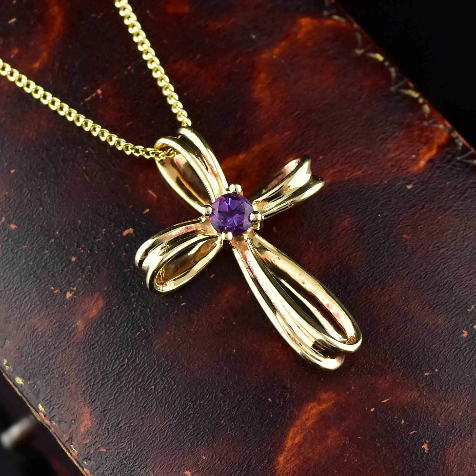 14K Gold Amethyst Cross Pendant Necklace