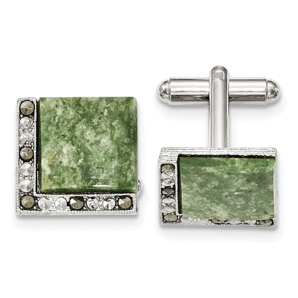 1928 Silver-tone Green Jade and Hematite Marcasite Cuff Links