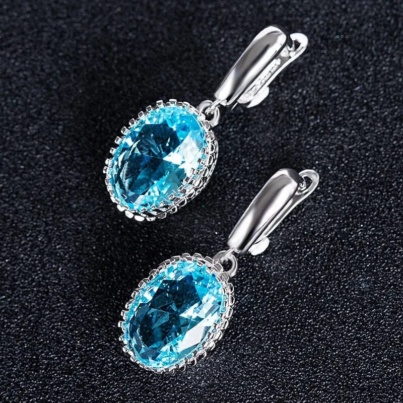 Aquamarine Oval Drop Earrings - 925 Sterling Silver