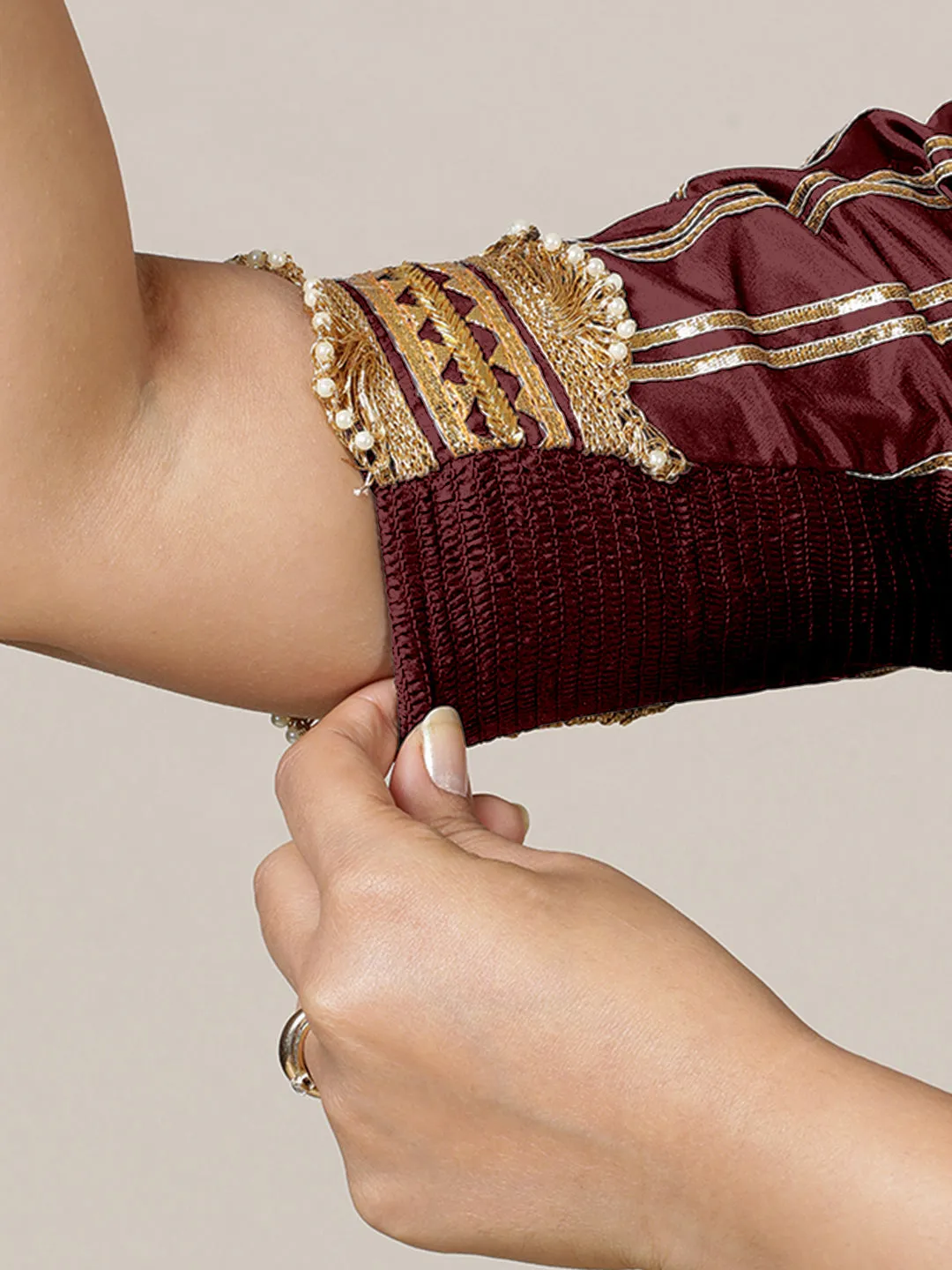 Aziza x Tyohaar | Elbow Sleeves Saree Blouse in Burgundy