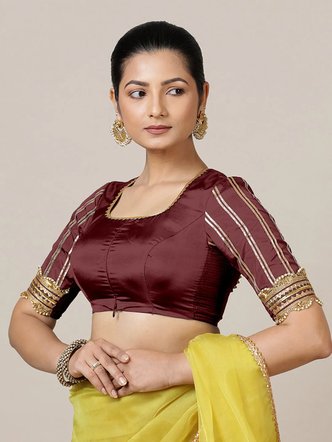 Aziza x Tyohaar | Elbow Sleeves Saree Blouse in Burgundy