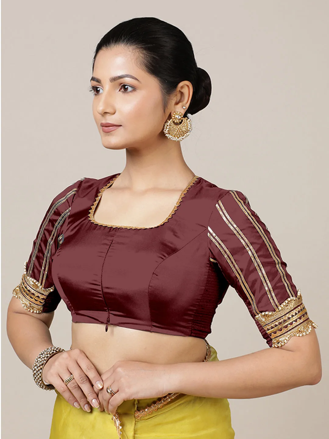 Aziza x Tyohaar | Elbow Sleeves Saree Blouse in Burgundy