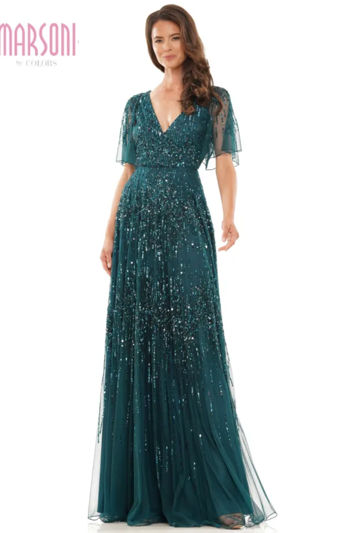 Beaded Flutter Sleeve Gown