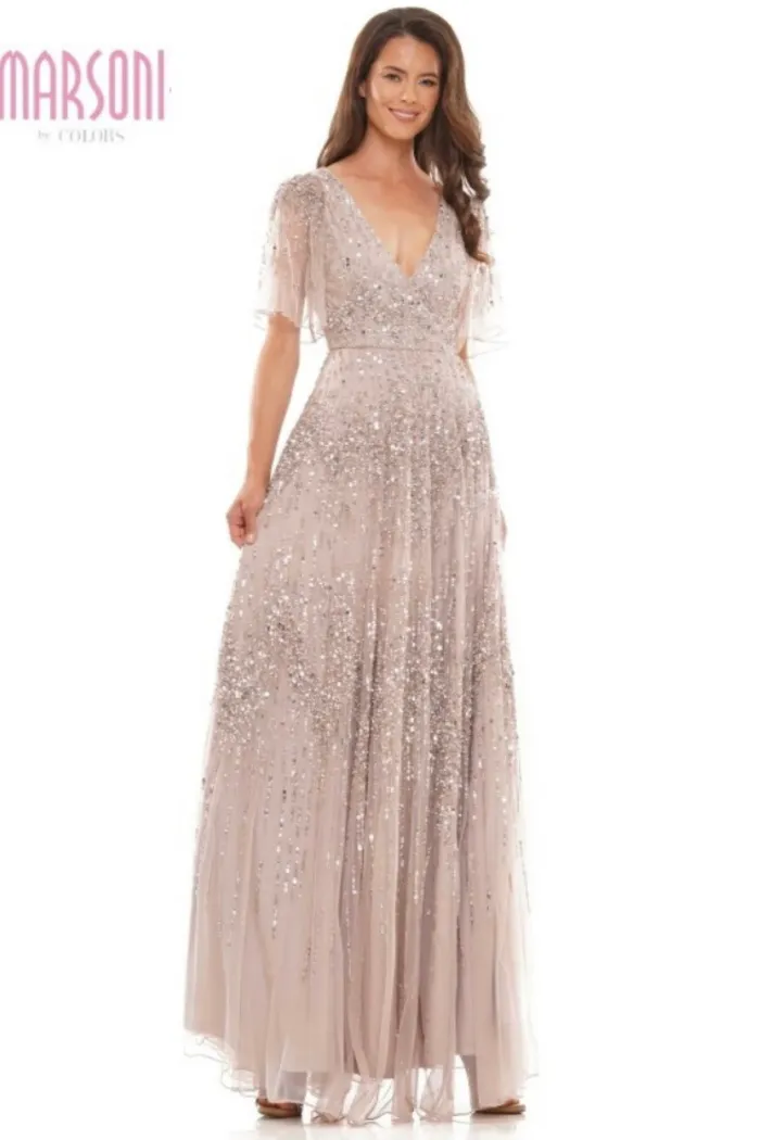 Beaded Flutter Sleeve Gown