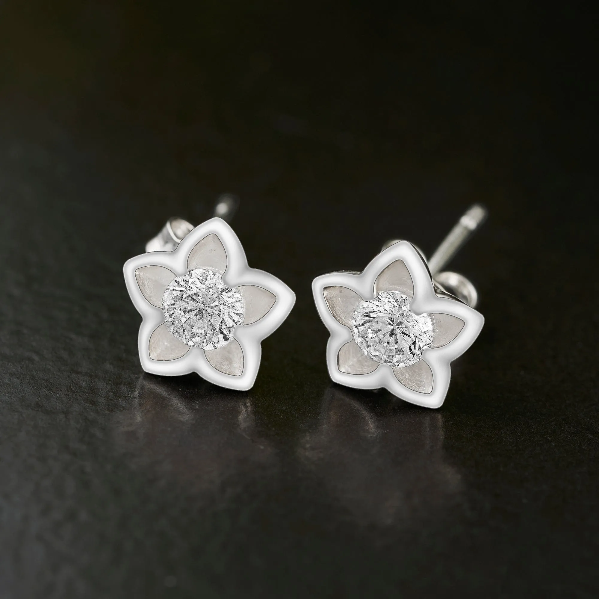 Blooming Cubic Zirconia Flower Stud Earrings Silver