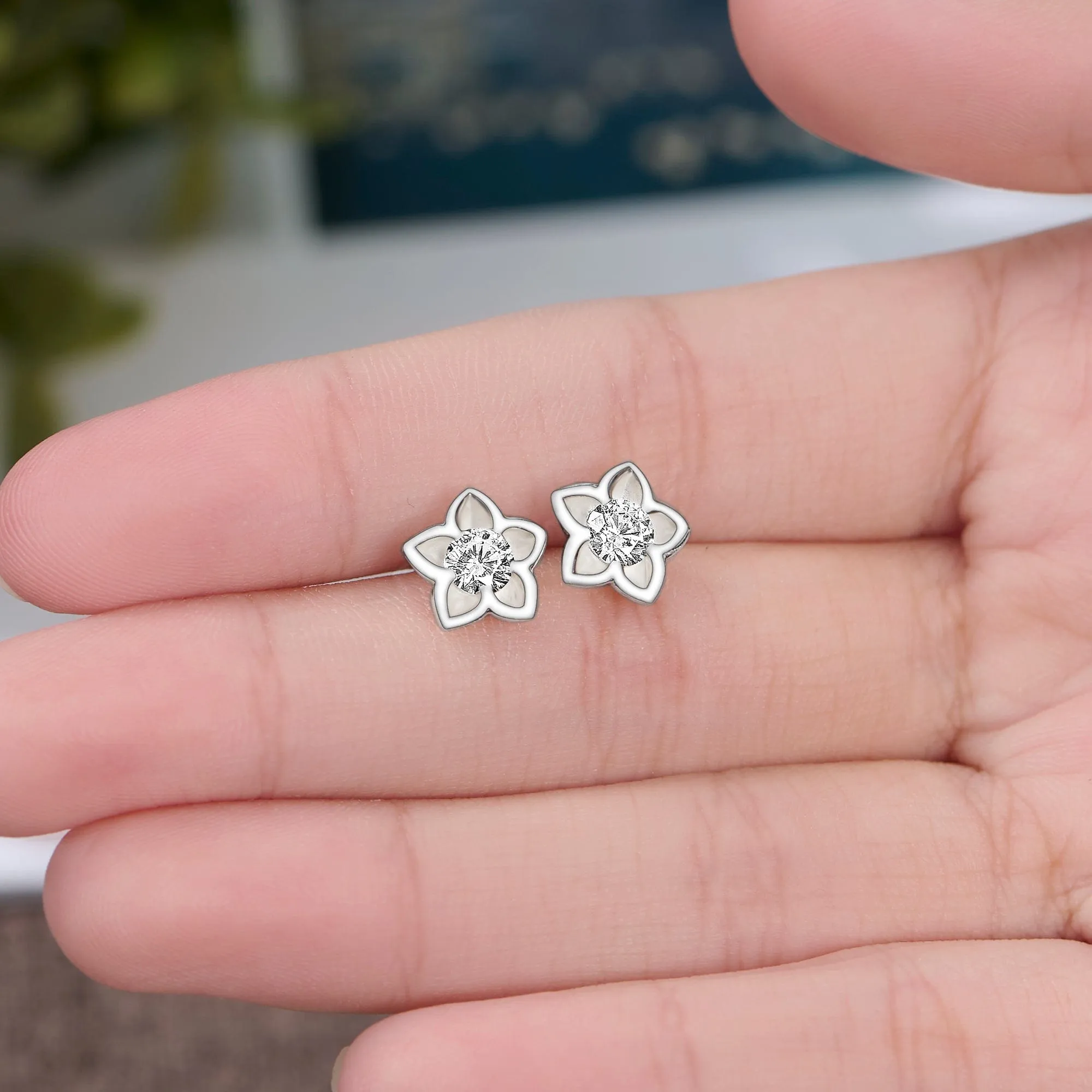 Blooming Cubic Zirconia Flower Stud Earrings Silver