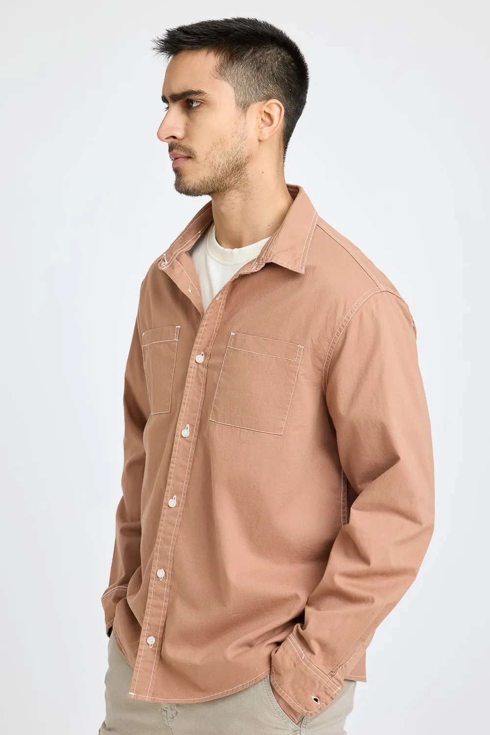 Brown Contrast Stitch Men's Shirt