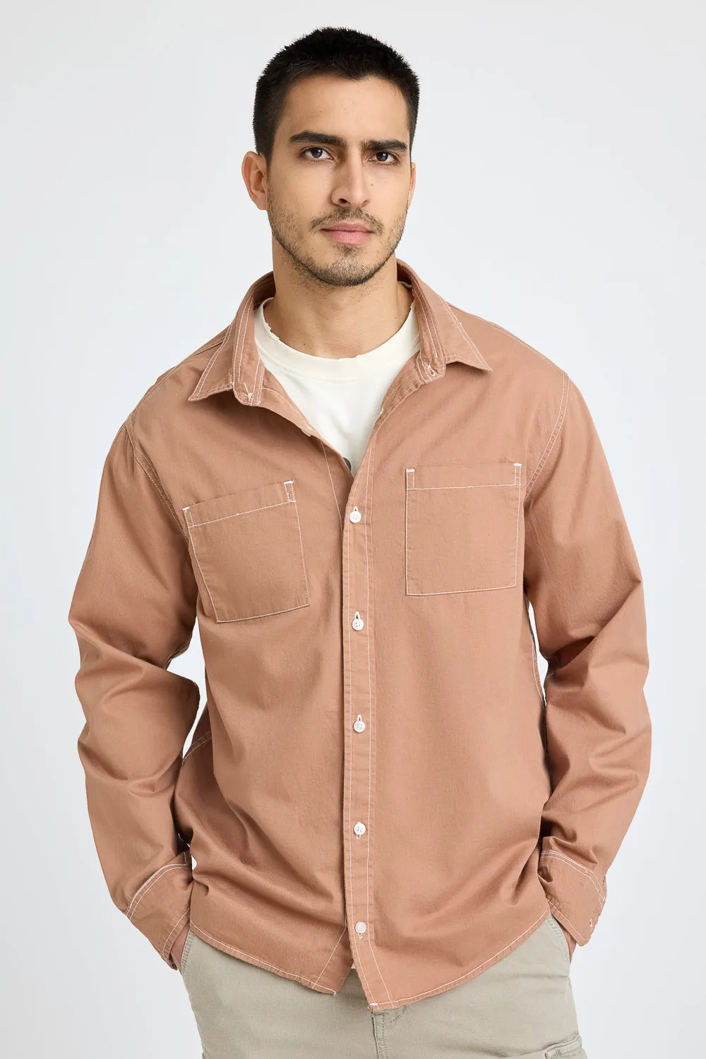 Brown Contrast Stitch Men's Shirt