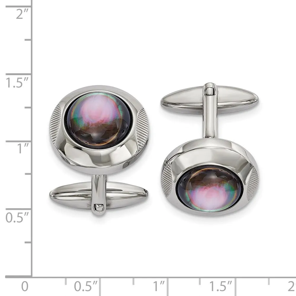 Chisel Stainless Steel Polished Black Mother of Pearl Circle Cufflinks