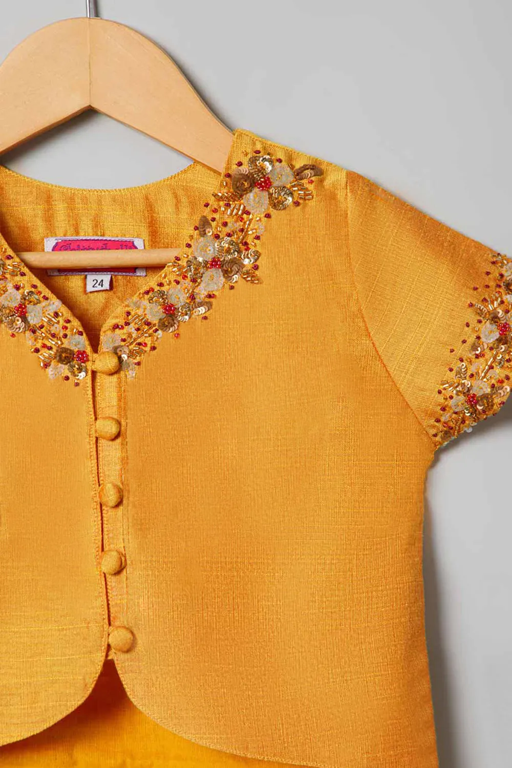 Chittythalli Traditional Pavadai Set V Neck short sleeve top with Box pleated Skirt - Yellow & Pink - PS38