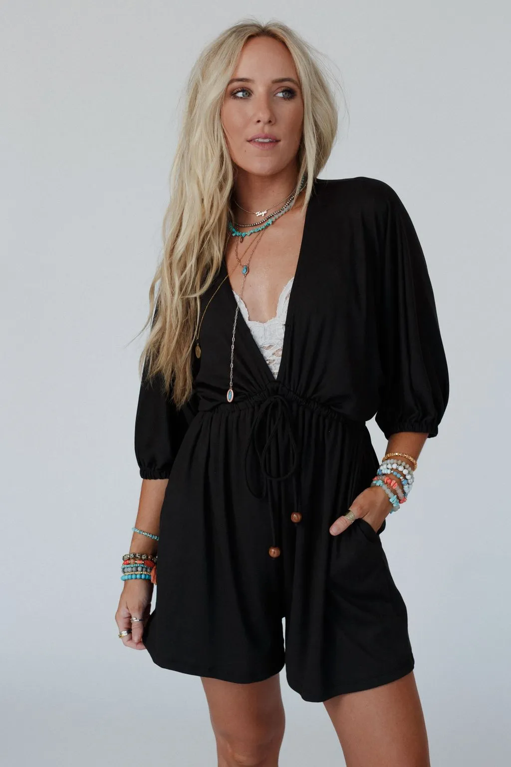 City Days Drawstring Romper - Black