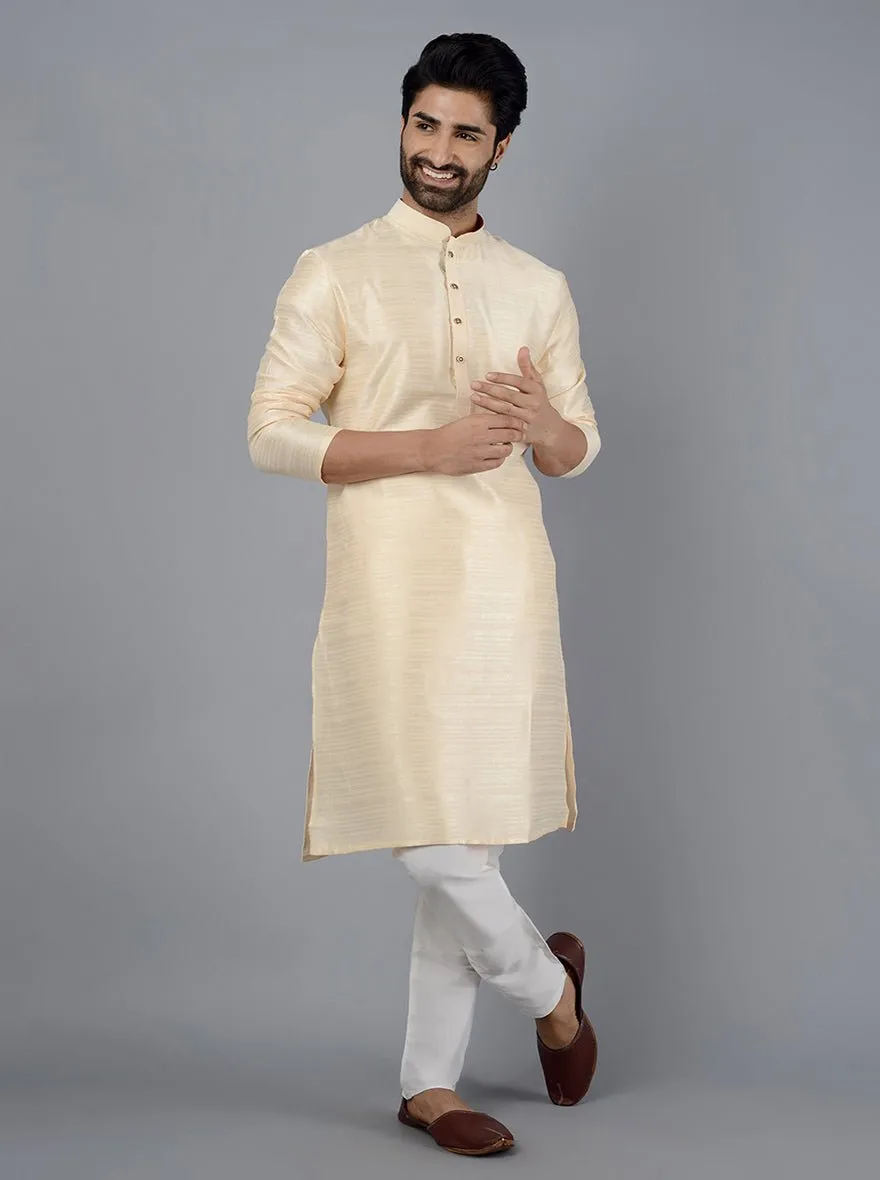 Cream Self Textured Silk Blend Kurta for Men