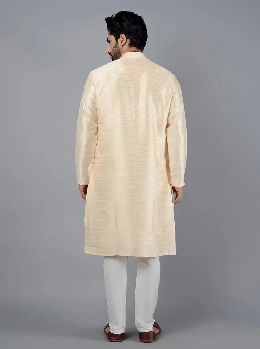 Cream Self Textured Silk Blend Kurta for Men