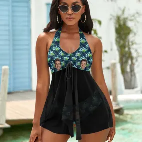 Custom Face Boyfriend Women's Strappy Neck Dress Swimsuit - Leaf