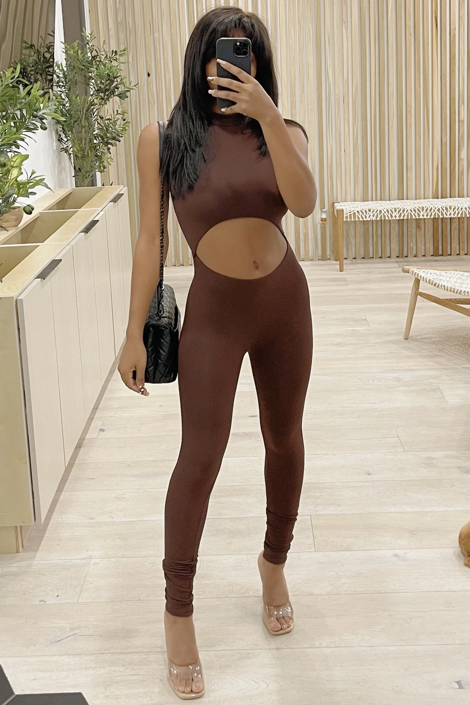 Dani Front Cut Out Mock Neck Jumpsuit (Brown)