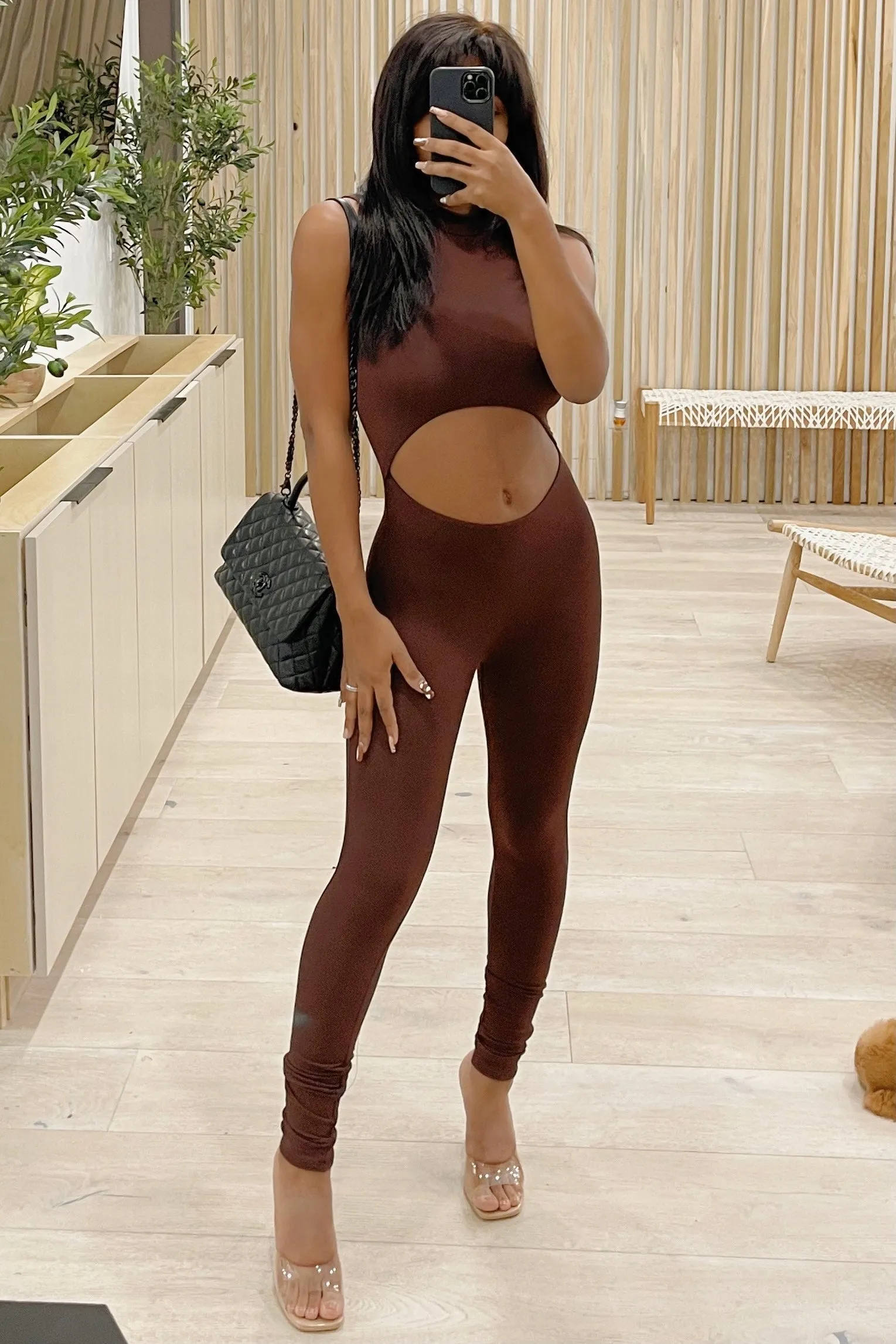 Dani Front Cut Out Mock Neck Jumpsuit (Brown)