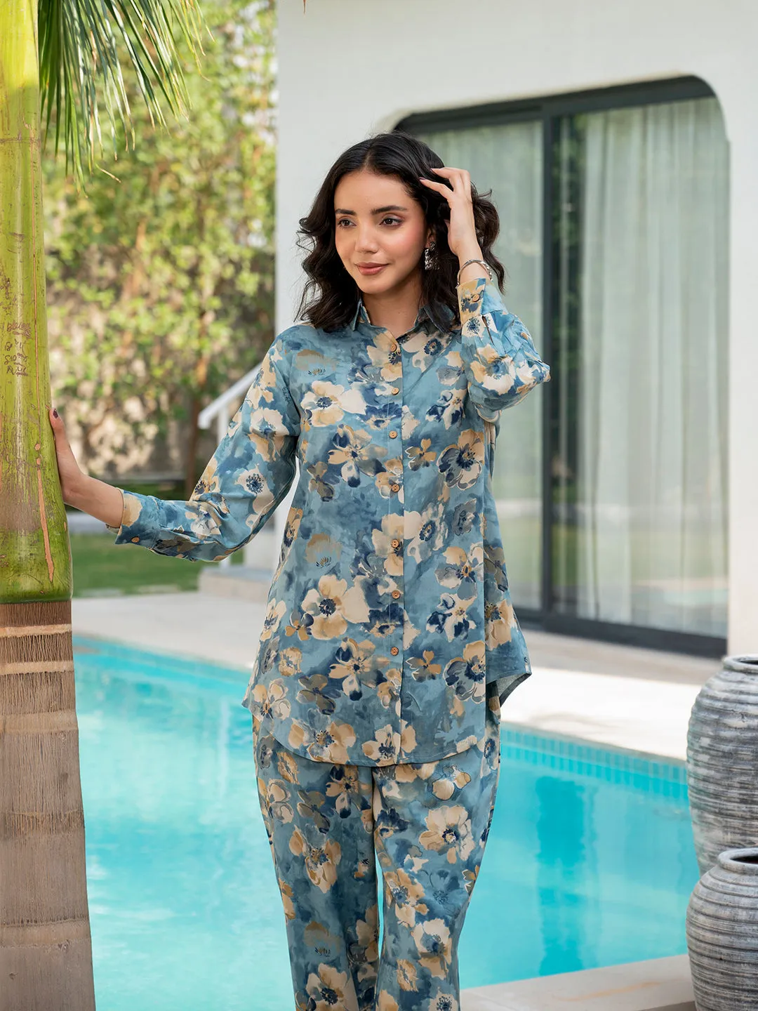 Divena Blue Floral Printed Rayon Co-ord Set