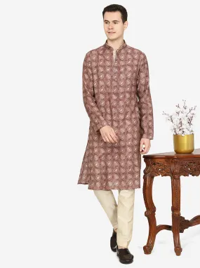 Dusty Brown Printed Cotton Blend Kurta for Men