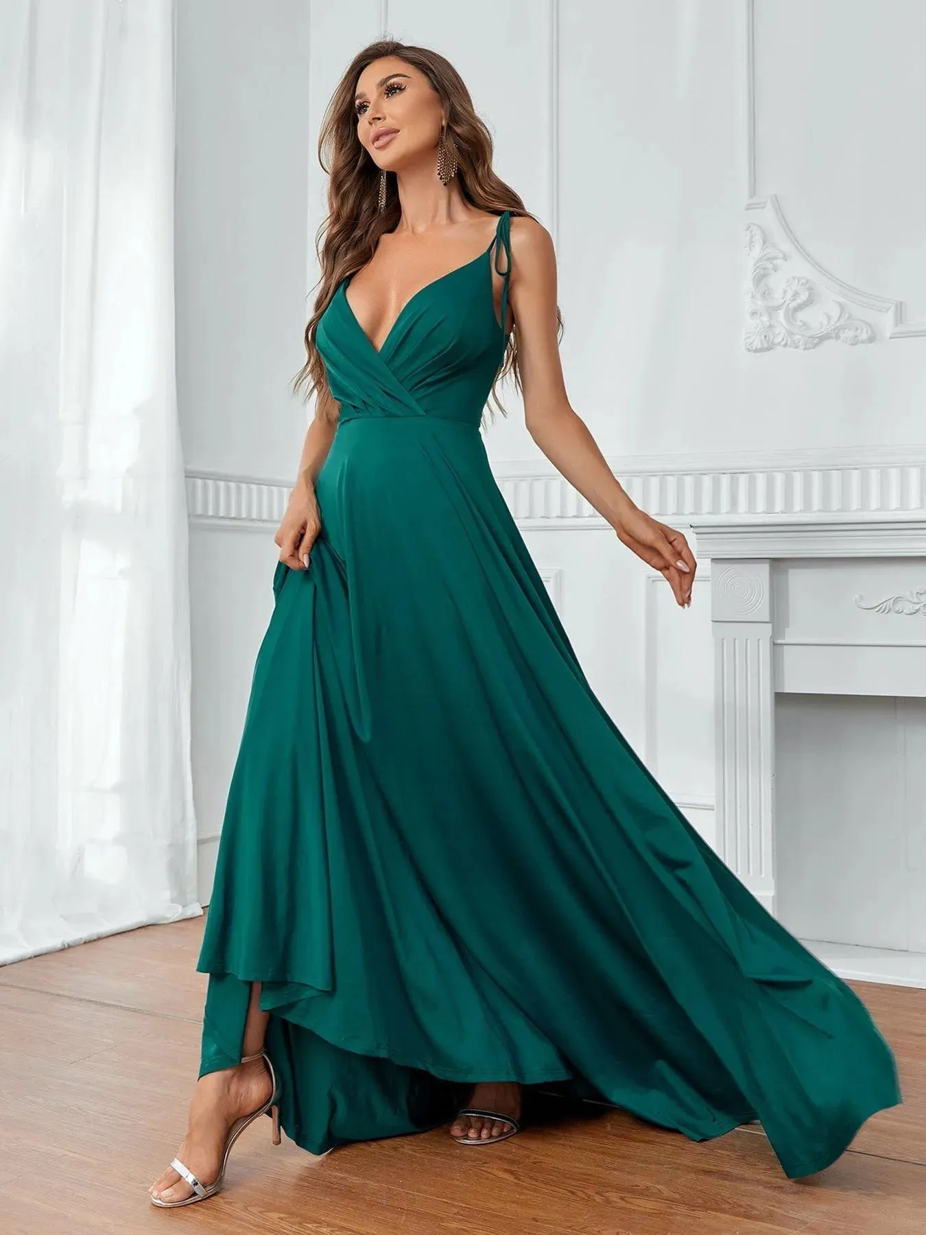 Elegant Surplice Neck Tie Shoulder  A Line Cami Dress