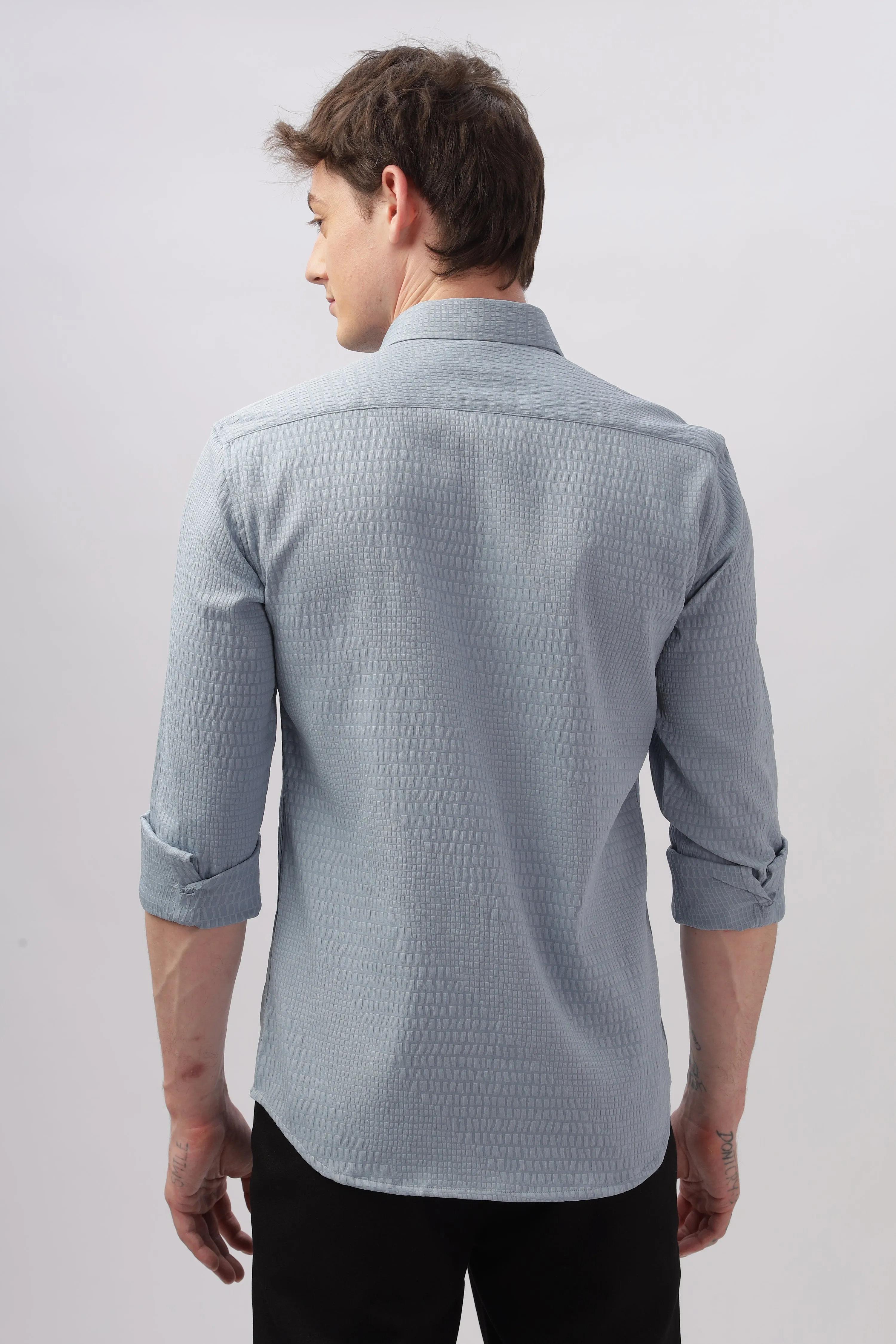 Faux Alligator Print Light Blue Textured Shirt