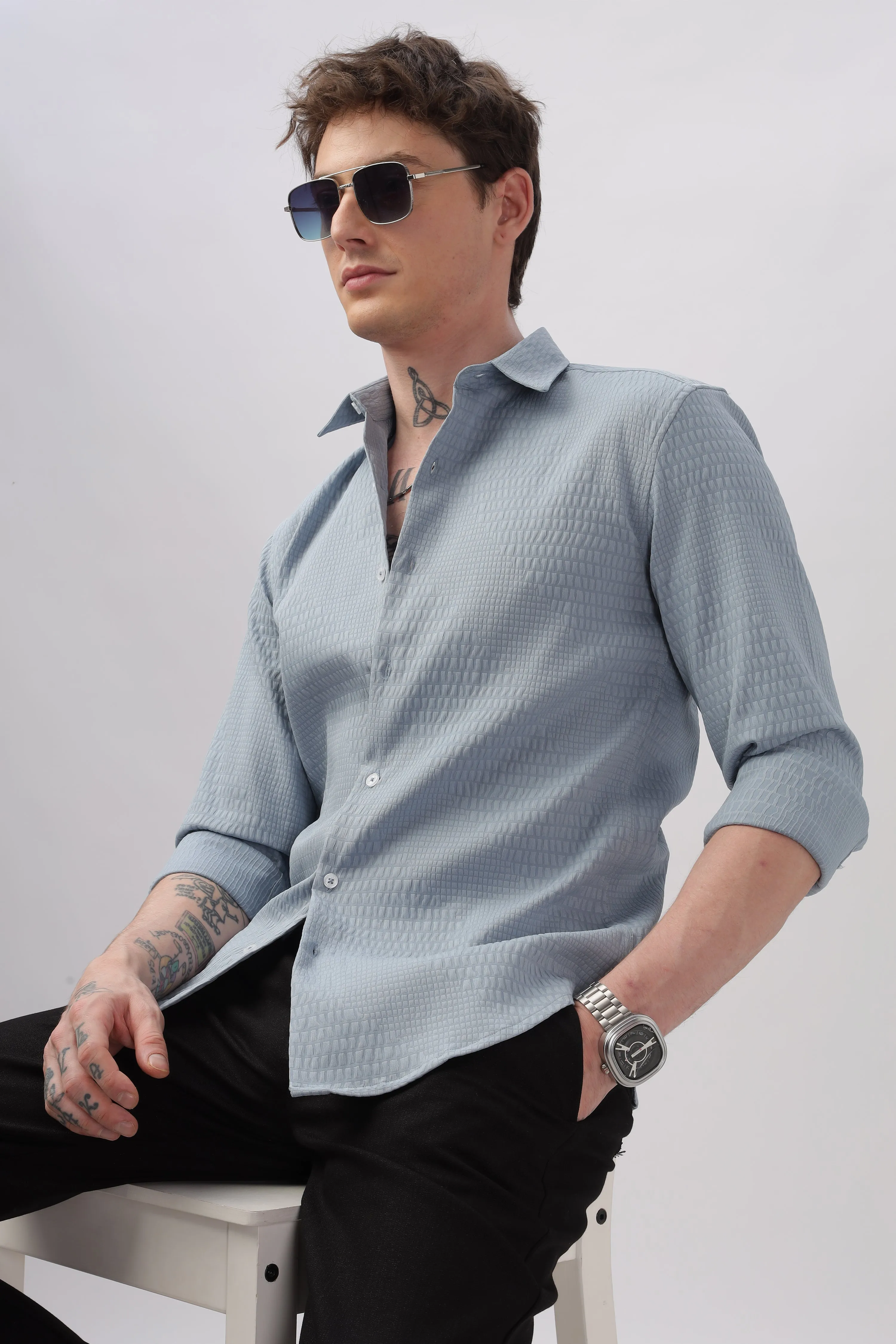 Faux Alligator Print Light Blue Textured Shirt