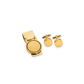 Gold-tone Circular Design Engravable Cuff Link and Money Clip Set