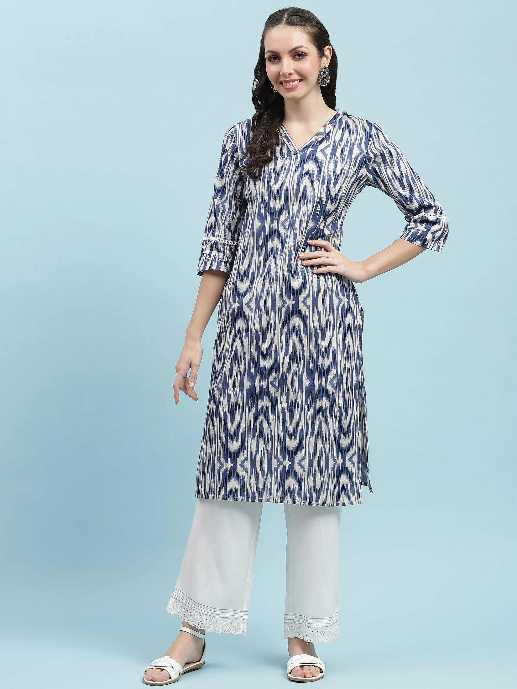 Indiessence Navy Blue Cotton Printed Kurta