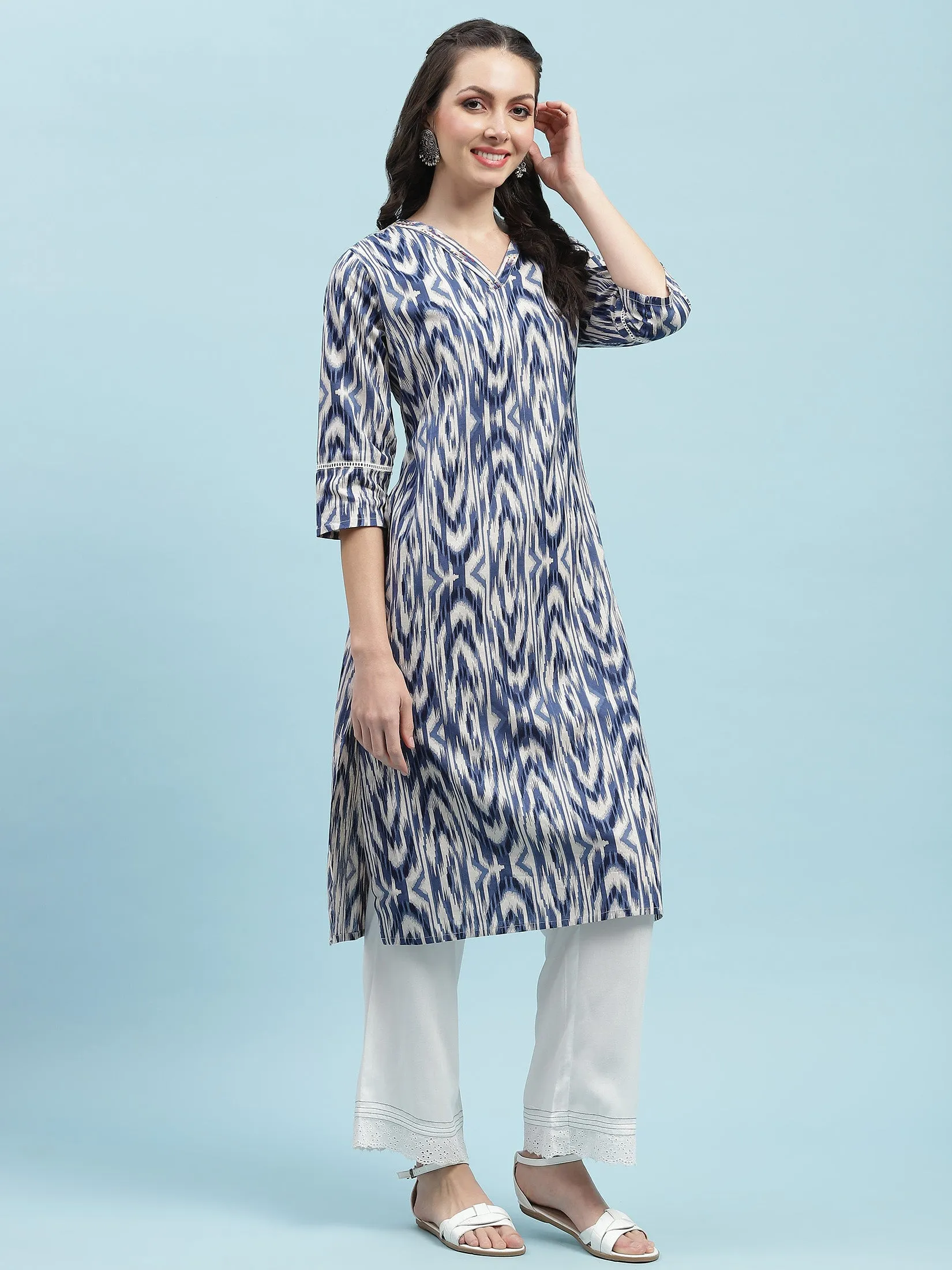 Indiessence Navy Blue Cotton Printed Kurta