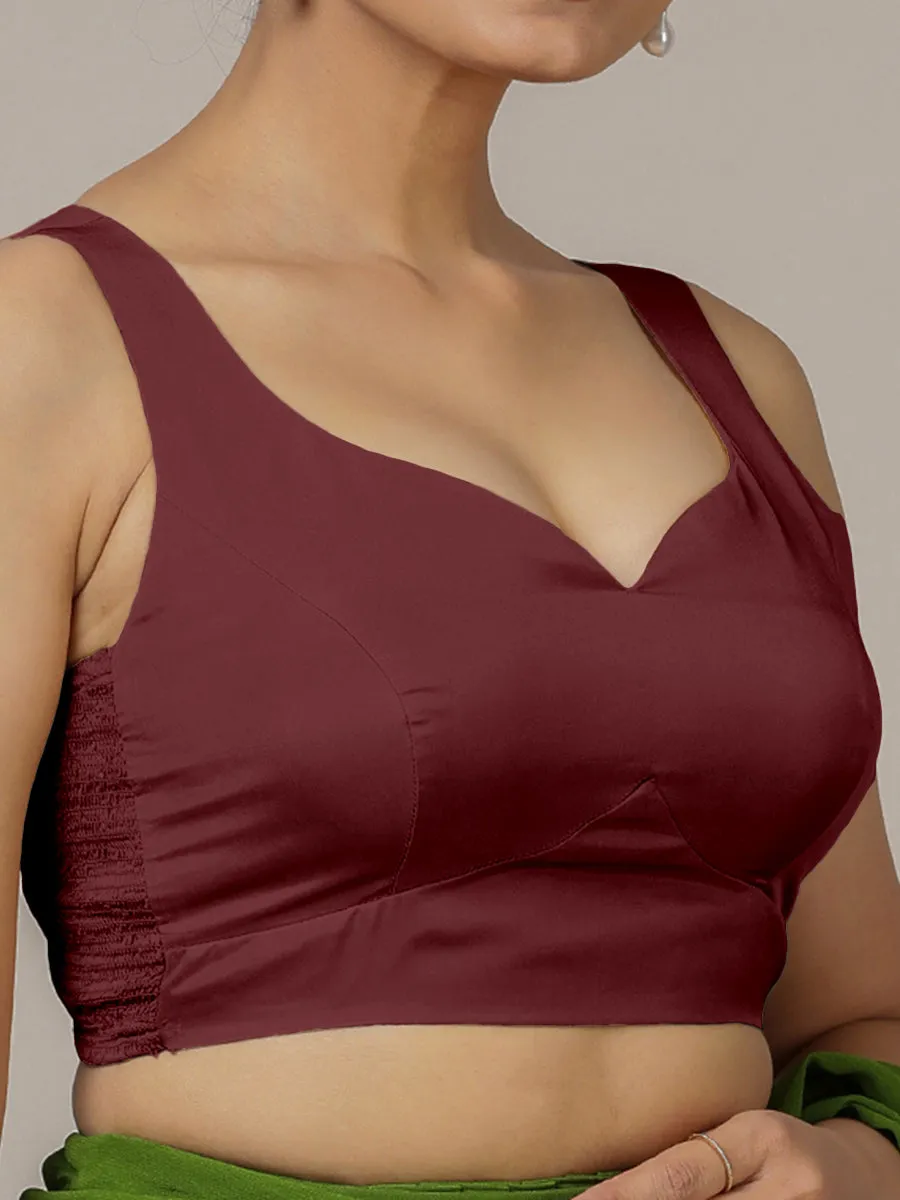 Ishika x Rozaana | Burgundy Sleeveless FlexiFit™ Saree Blouse with Beetle Leaf Neckline and Back Cut-out with Tie-Up