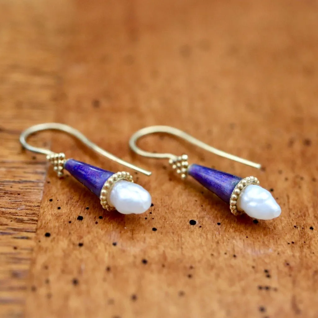 Jane Foole Royal Blue Enamel and Pearl Earrings