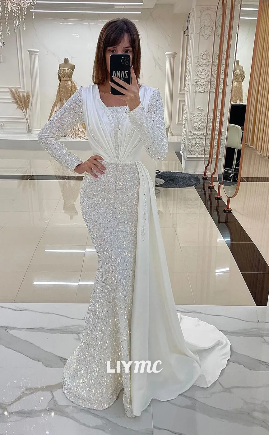 LP1167 - Unique Bateau Satin Ruched Long Sleeves Mermaid Formal Prom Dress