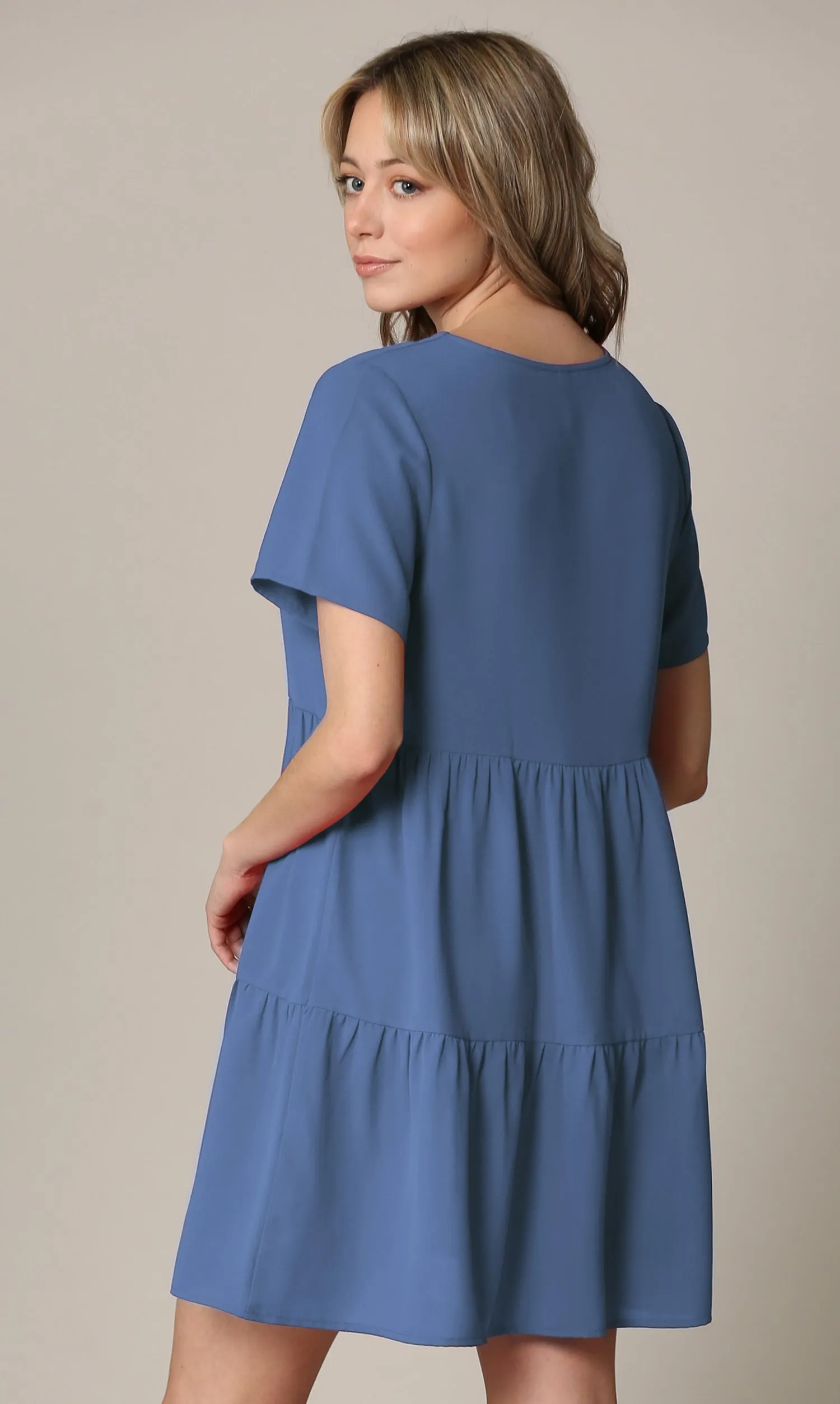 Made By Johnny Casual Flowy Swing Shift Short Sleeve Tiered Dress