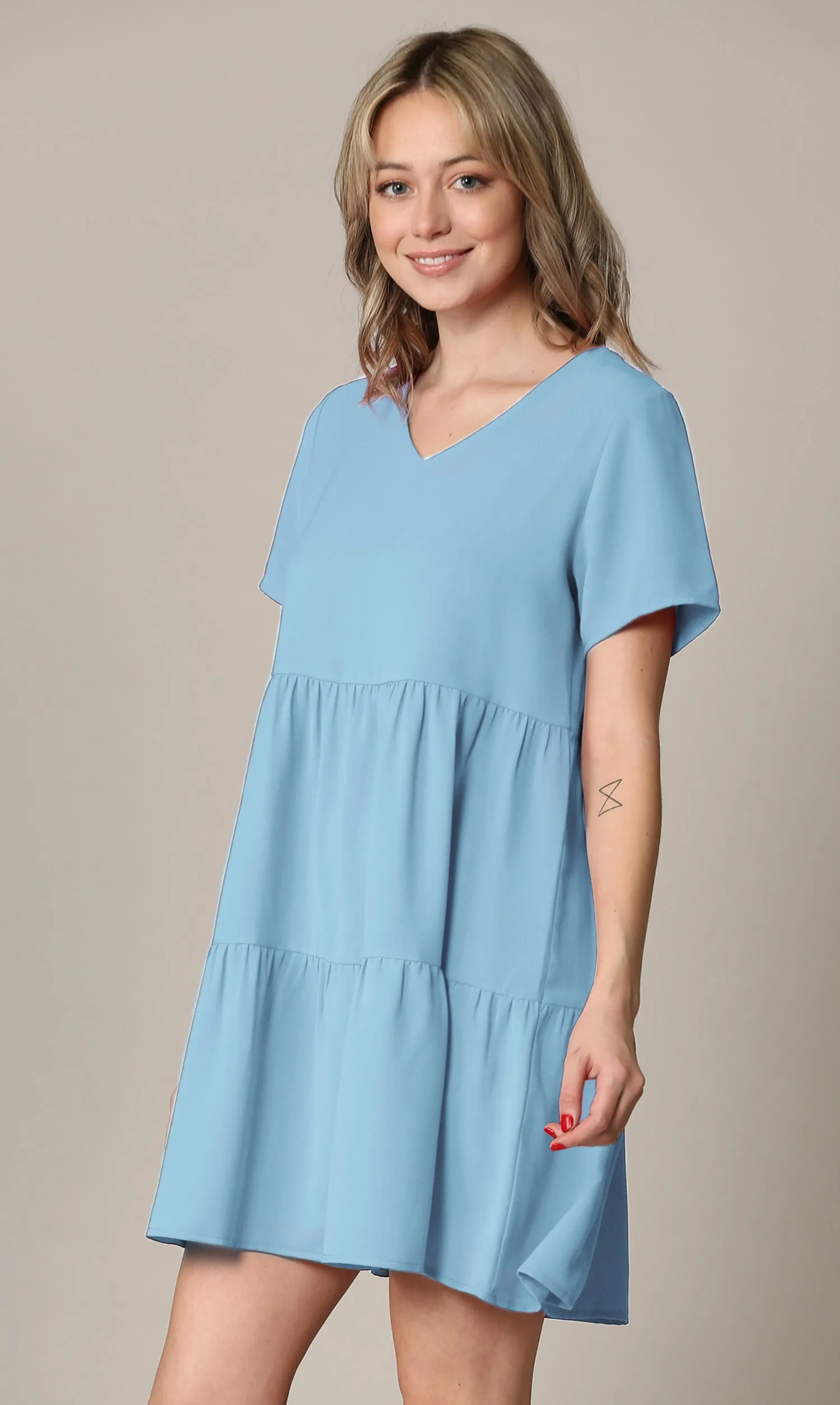 Made By Johnny Casual Flowy Swing Shift Short Sleeve Tiered Dress