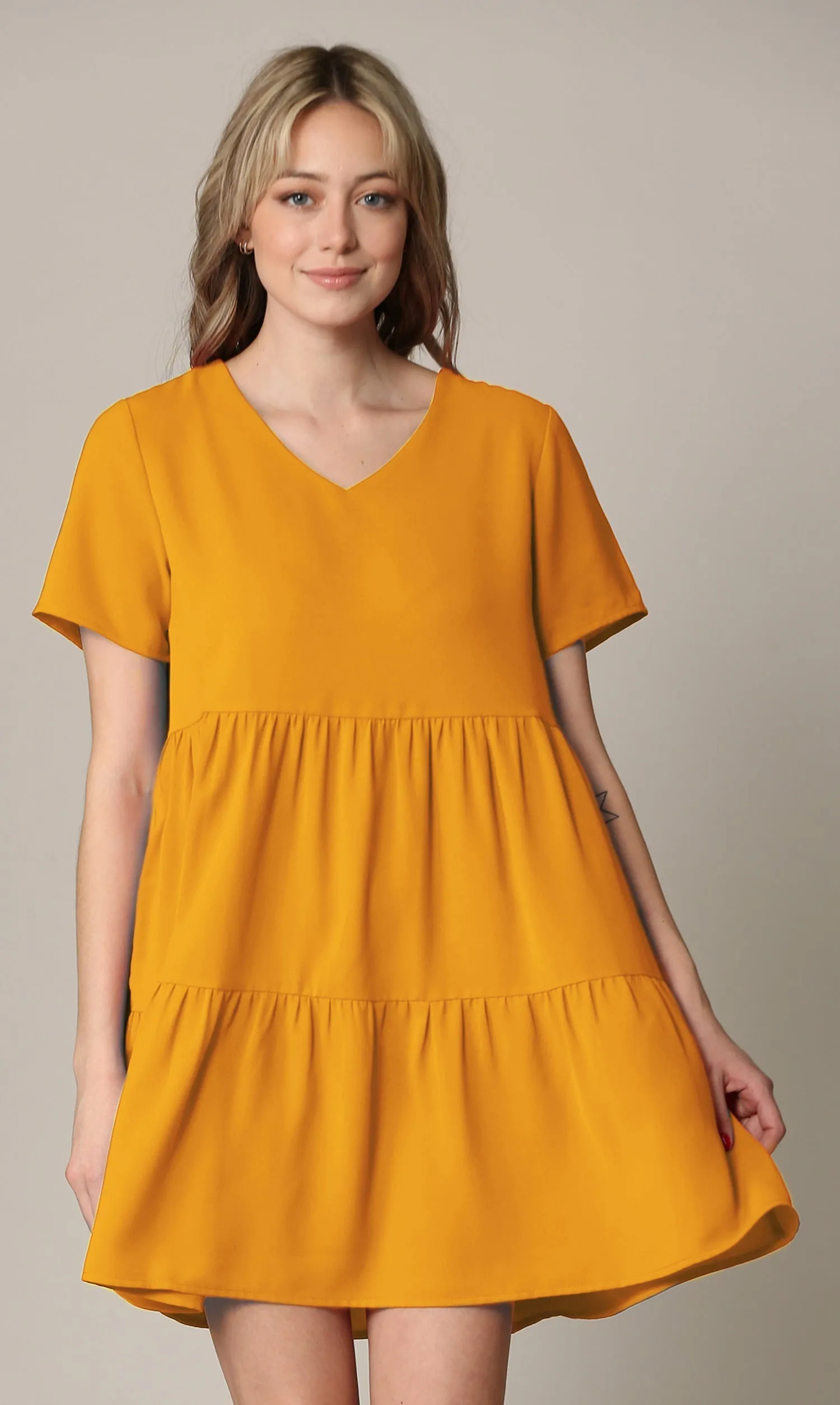 Made By Johnny Casual Flowy Swing Shift Short Sleeve Tiered Dress