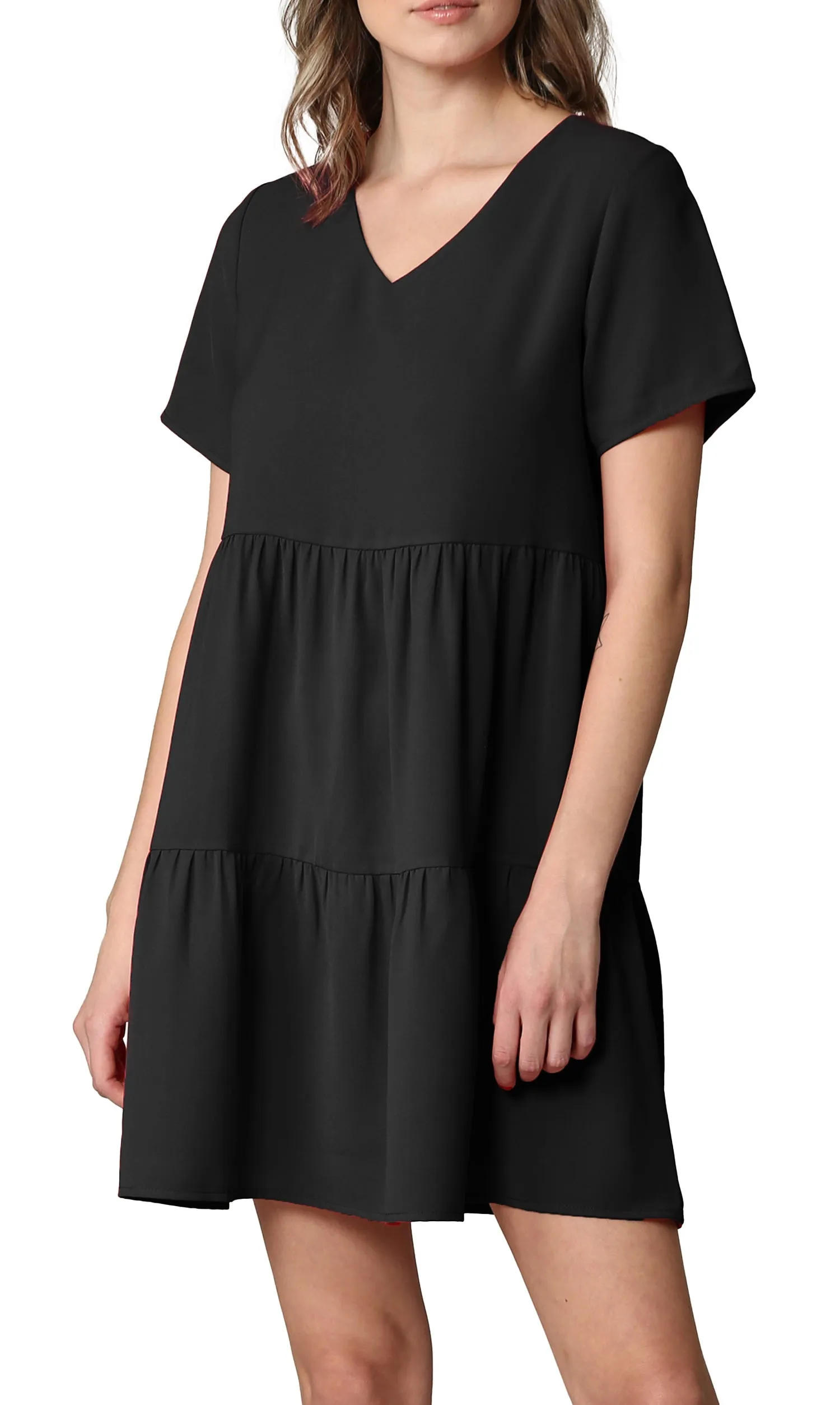 Made By Johnny Casual Flowy Swing Shift Short Sleeve Tiered Dress