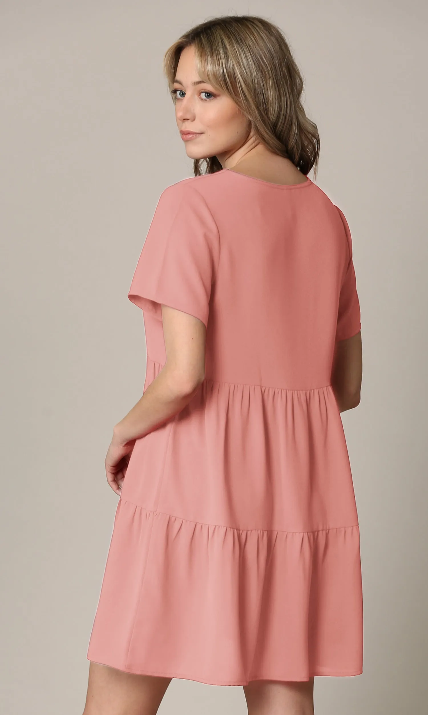 Made By Johnny Casual Flowy Swing Shift Short Sleeve Tiered Dress