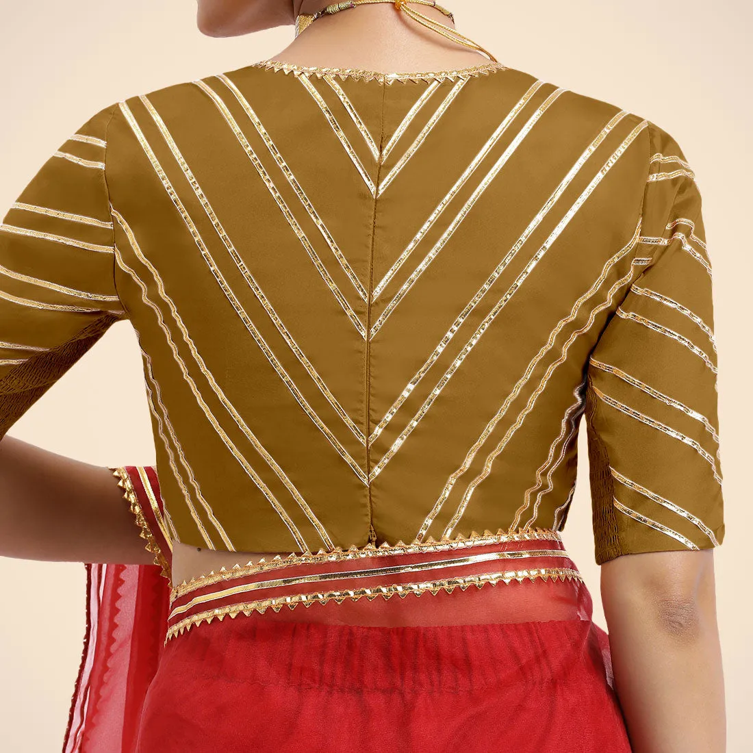 Navya x Tyohaar | Bronze Gold Elbow Sleeves FlexiFit™ Saree Blouse with Plunging V Neckline with Tasteful Golden Gota Lace