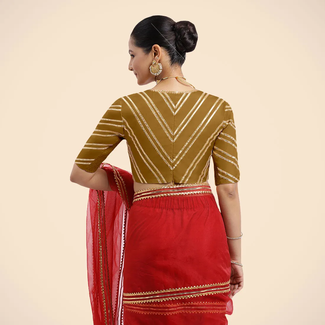 Navya x Tyohaar | Bronze Gold Elbow Sleeves FlexiFit™ Saree Blouse with Plunging V Neckline with Tasteful Golden Gota Lace