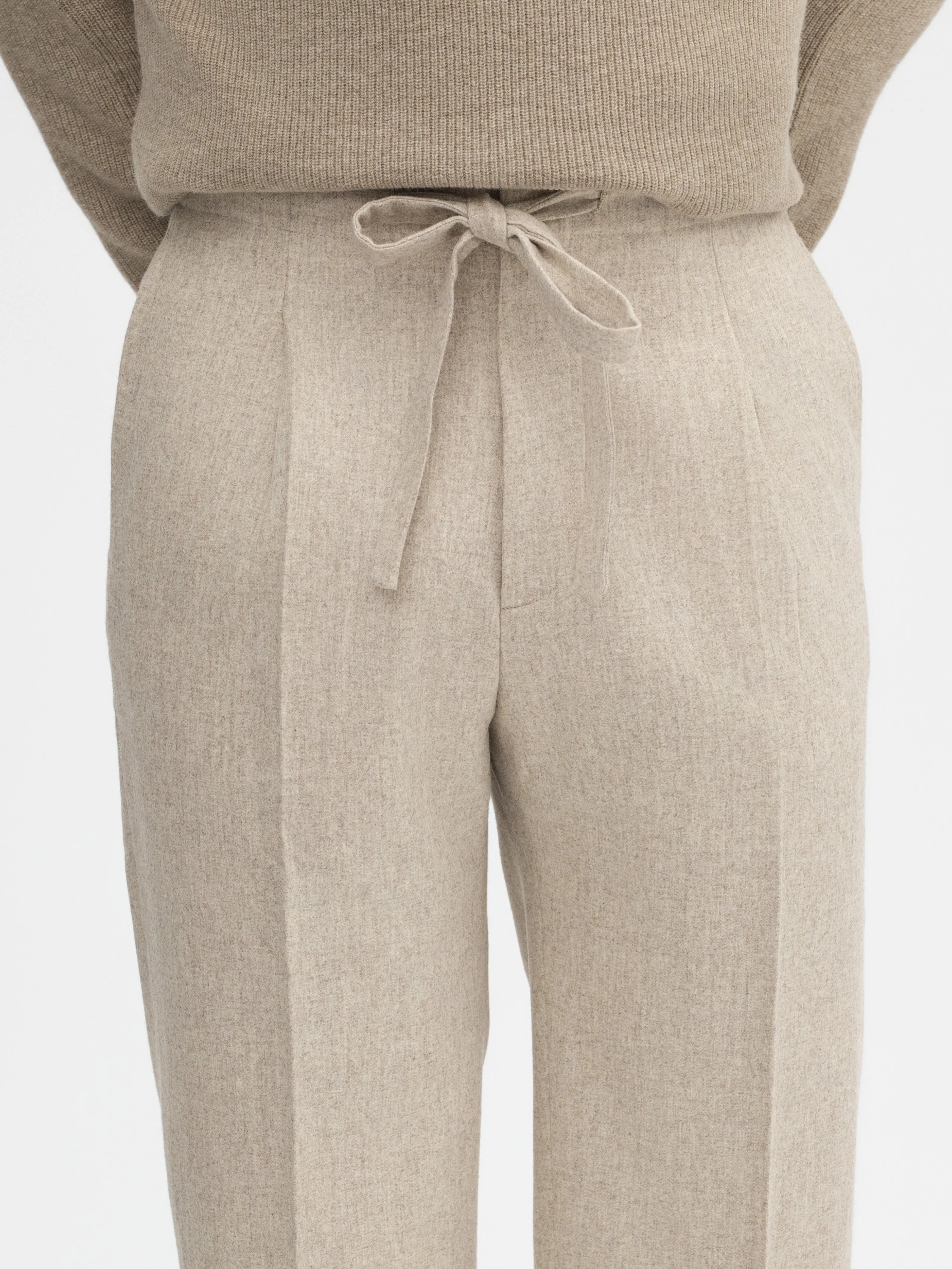 Oatmeal Flannel Wool Drawstring Trousers (Wide Fit)