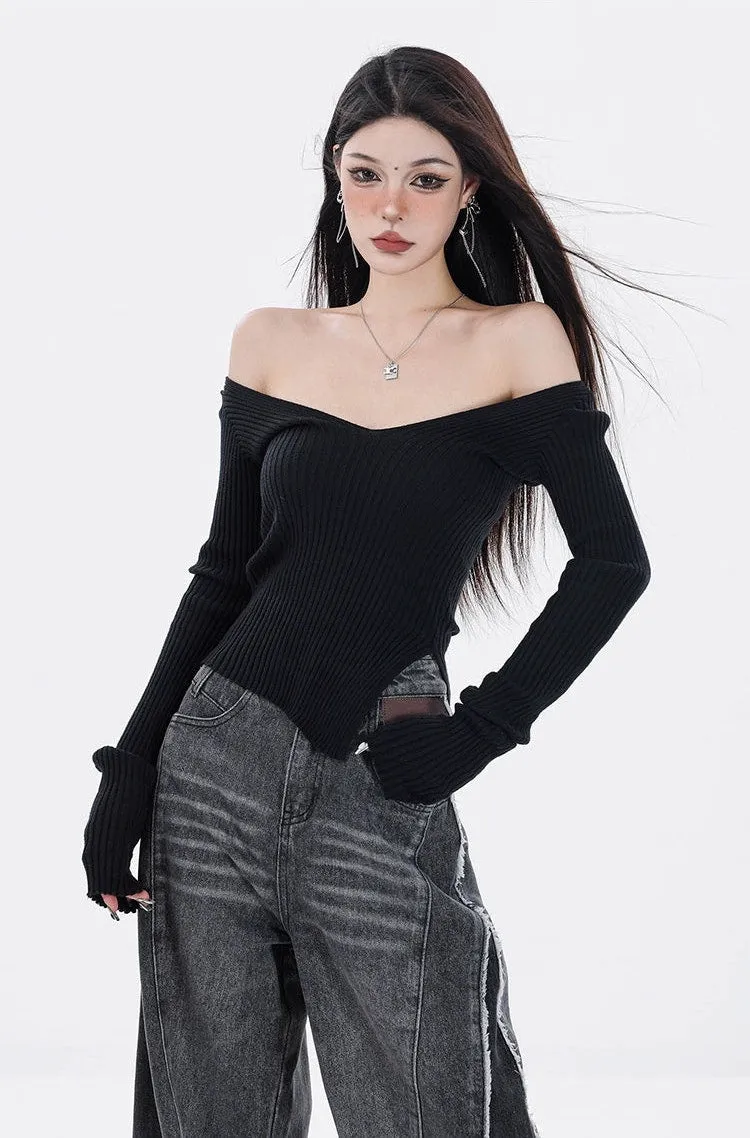 Off Shoulder Knit Long Sleeve Top with Side Slit