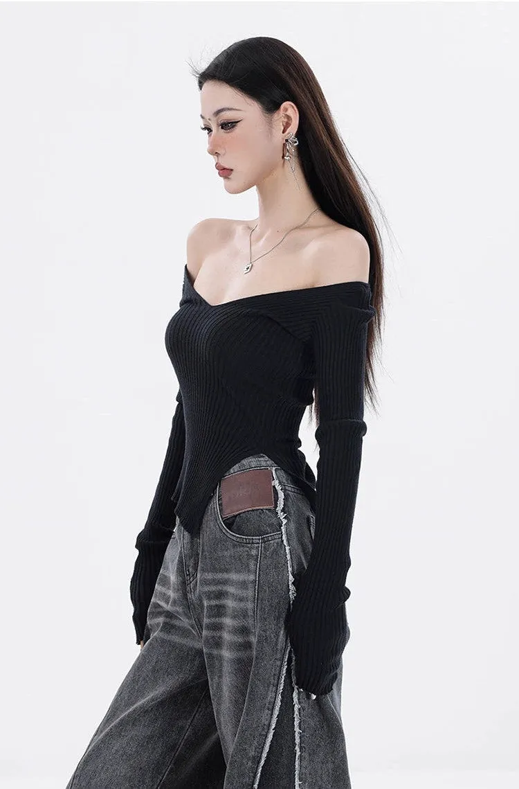 Off Shoulder Knit Long Sleeve Top with Side Slit