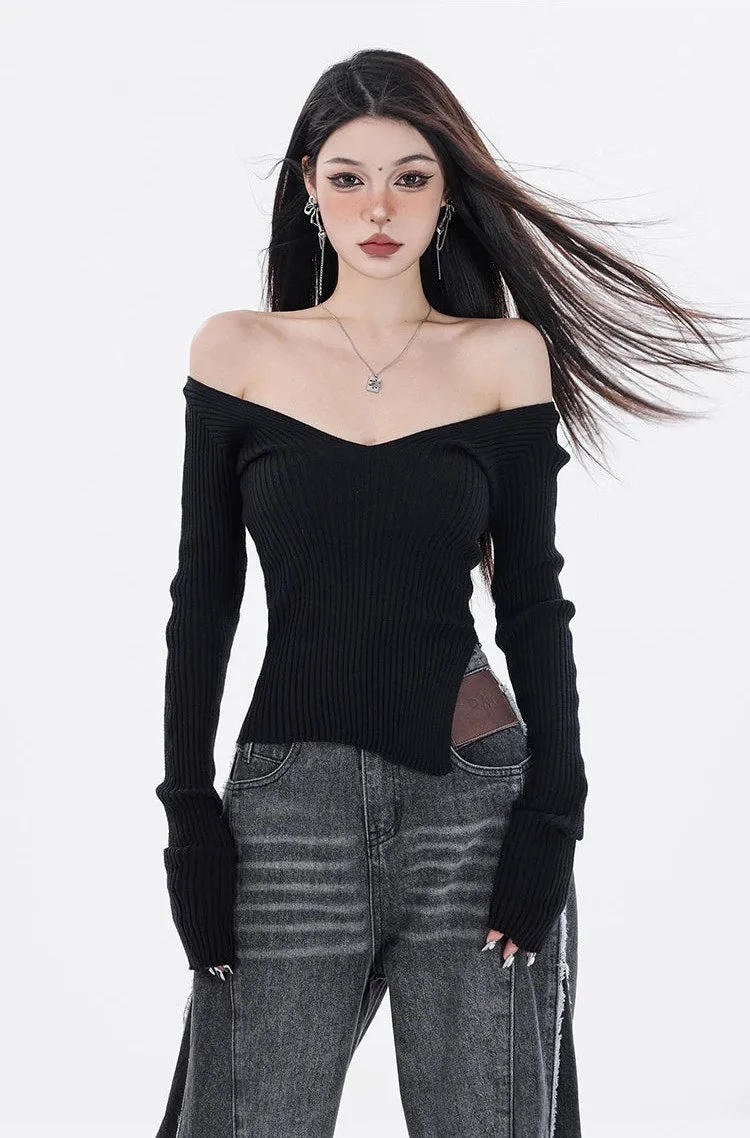 Off Shoulder Knit Long Sleeve Top with Side Slit