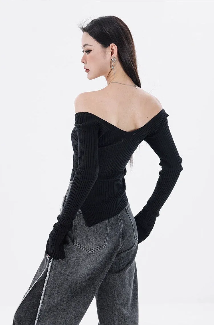 Off Shoulder Knit Long Sleeve Top with Side Slit