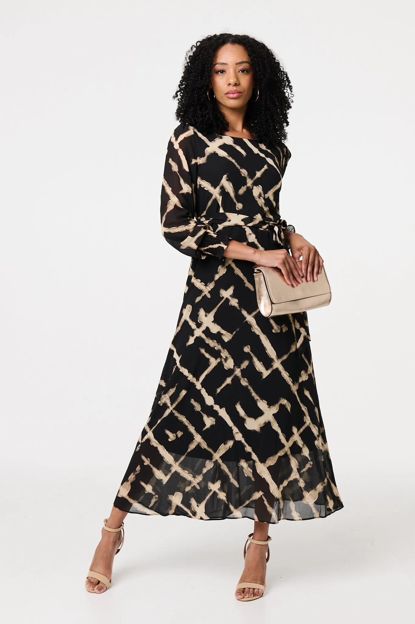 Printed Long Sleeve Tie Waist Maxi Dress