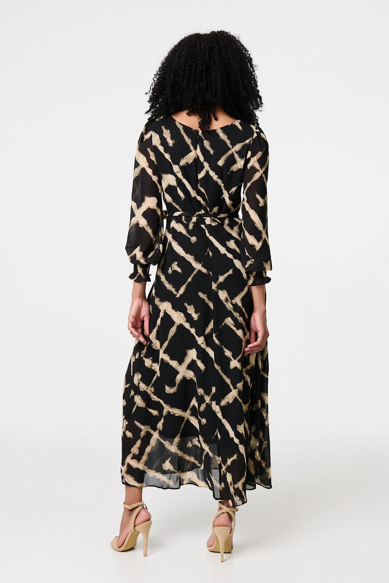 Printed Long Sleeve Tie Waist Maxi Dress