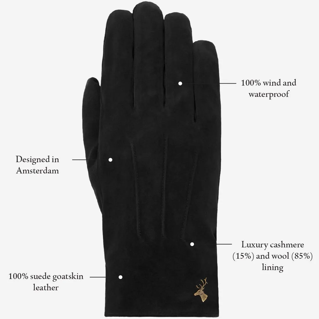 Rex (black) - suede goatskin leather gloves with luxurious wool/cashmere lining