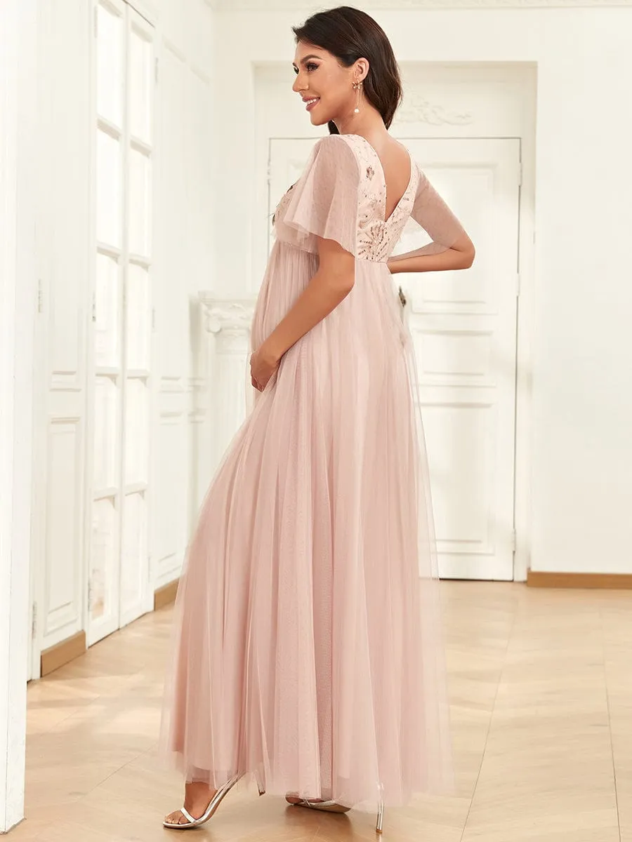 Short Sleeve V-Neck Sequin Tulle A-Line Maternity Dress