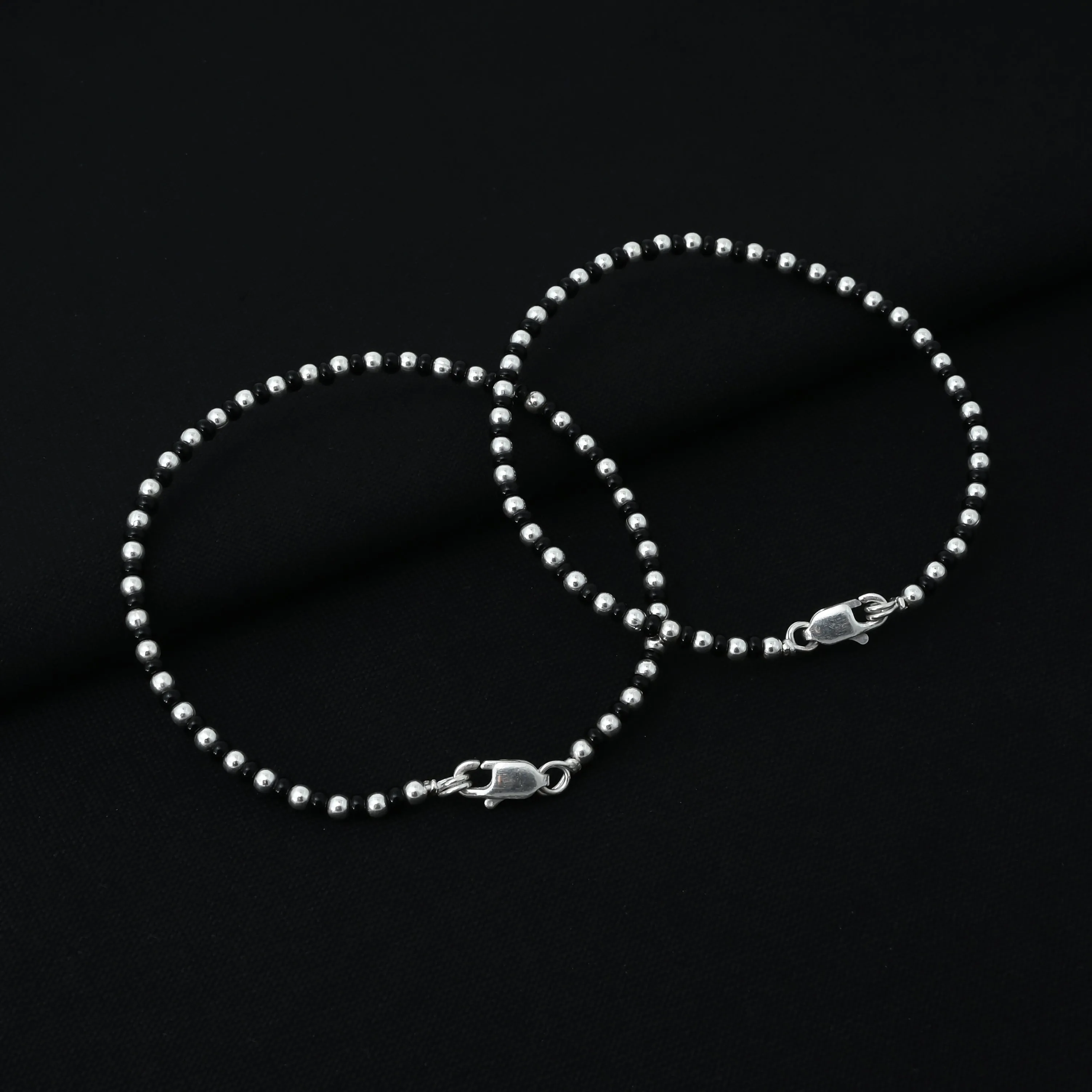 Silver Black and Silver Beads Anklet for Girls