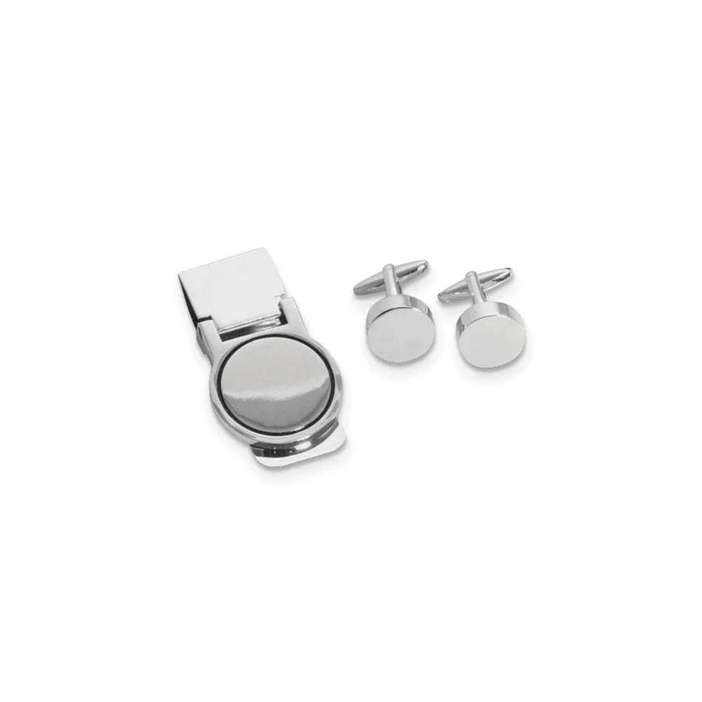 Silver-Plated Circular Design Engravable Cuff Link and Money Clip Set